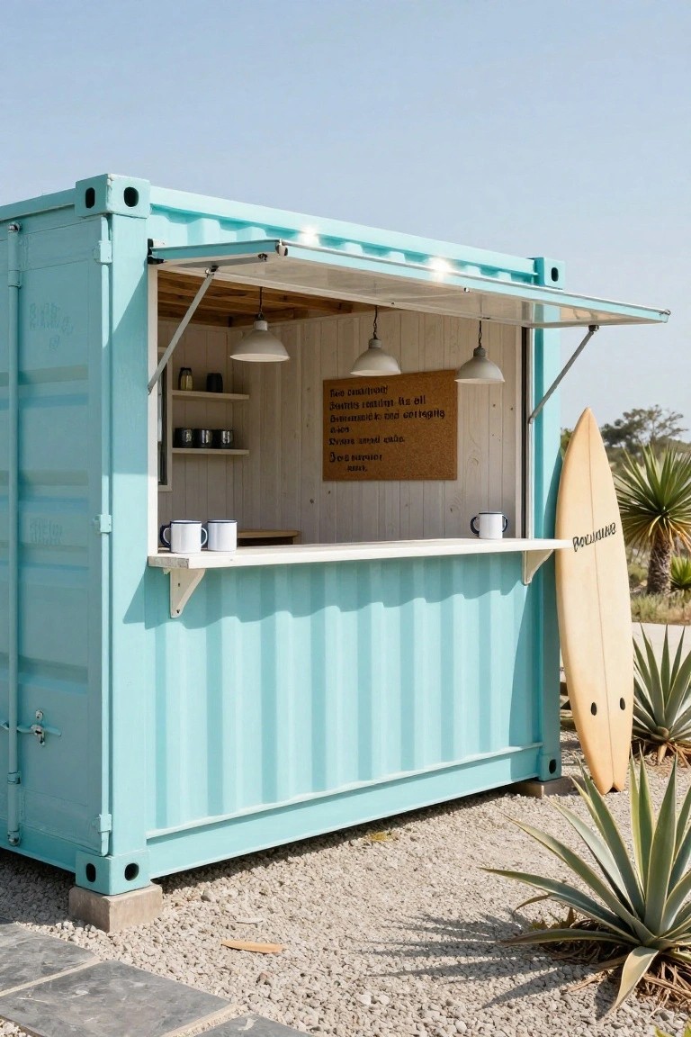 Turquoise shipping container converted into an outdoor bar with wooden serving counter, pendant lights, mugs on shelves, a surfboard propped nearby, and agave plants on gravel ground.