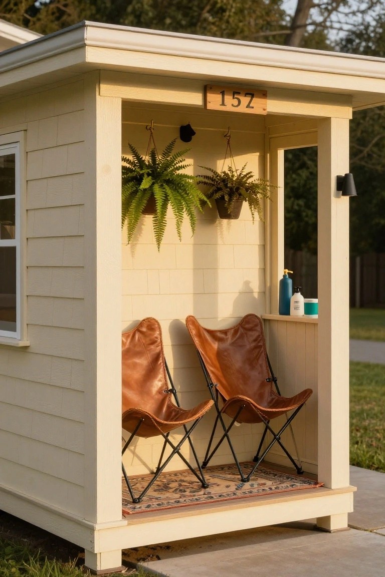 Small beige wooden pool house numbered 152 with open porch holding two tan leather folding chairs, hanging ferns, and shelves with blue bottle, white lotion bottle, and green container on a concrete path amid grass and trees.