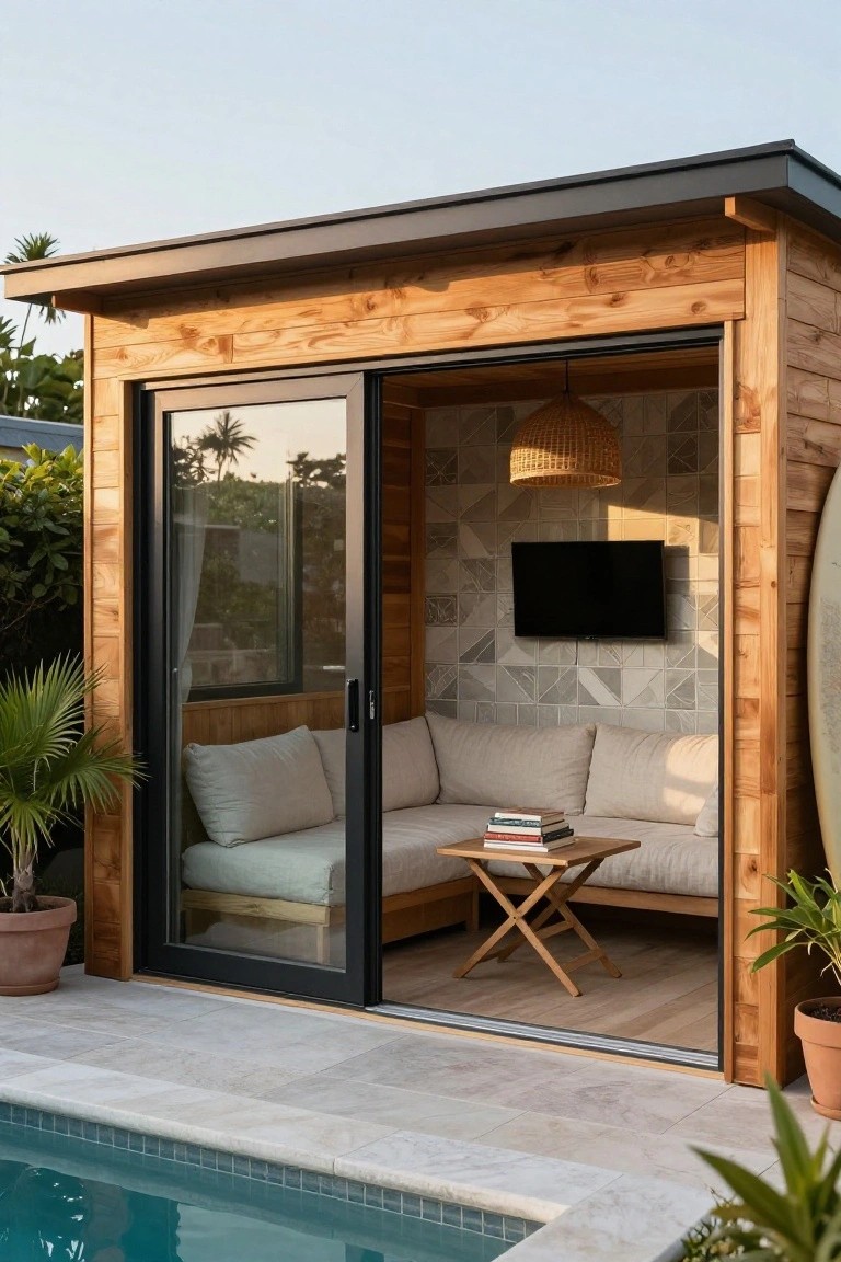 Wooden pool house cabana with open black sliding glass doors beside a turquoise swimming pool, showing beige couch, wooden table with books, flat-screen TV on tiled wall, pendant light, and potted plants on tiled patio.