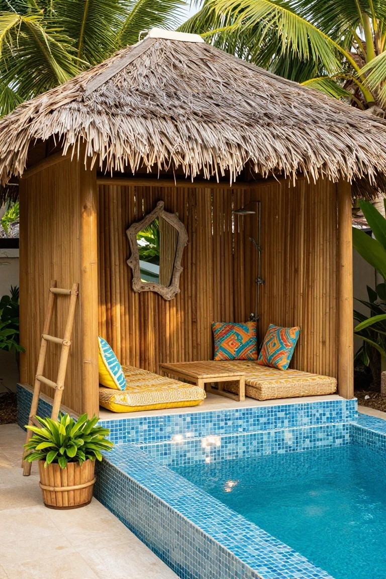 Bamboo and thatch outdoor shower enclosure with wooden ladder, colorful cushions on benches, potted plant, and adjacent small blue mosaic-tiled pool surrounded by palm trees.