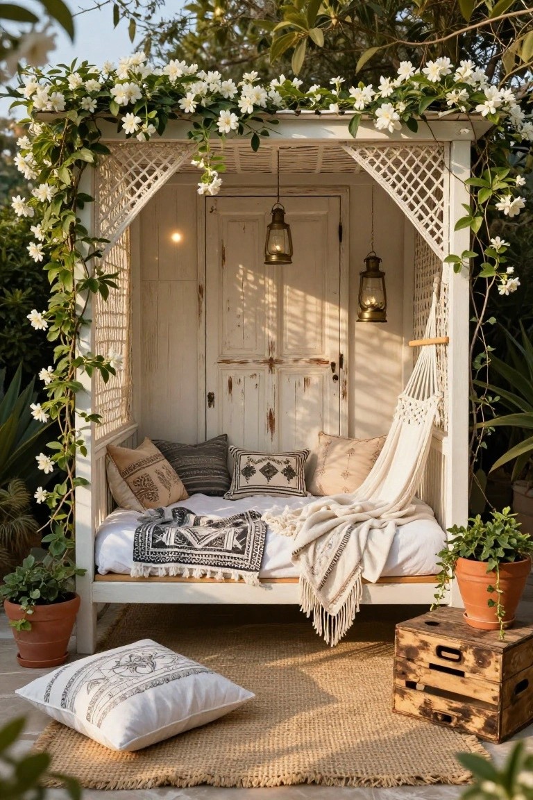 White lattice pergola covered in blooming white jasmine vines enclosing a wooden daybed with patterned pillows and blankets, a hanging hammock, lanterns, potted plants, wooden crates, and a jute rug on a patio.