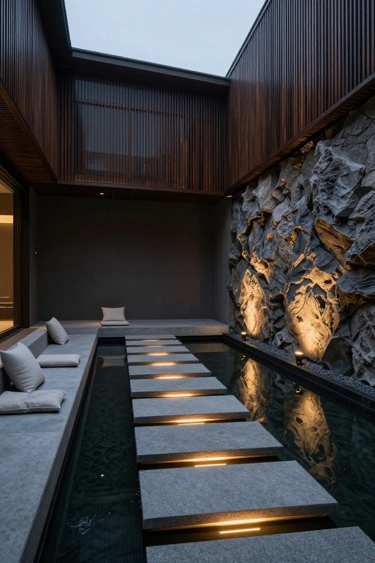 Gray stone stepping stones with underlighting span a narrow rectangular pool in an outdoor courtyard with built-in concrete benches, white cushions, wooden walls, and a textured rock wall with uplights.