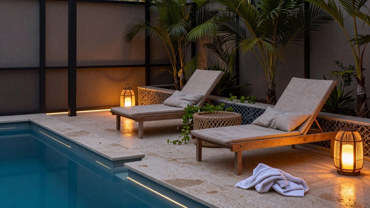 A nighttime view of a pool enclosure featuring a wooden deck beside a blue pool, two beige loungers with pillows, rattan lanterns on side tables, potted plants, palms, and a white towel on the deck.