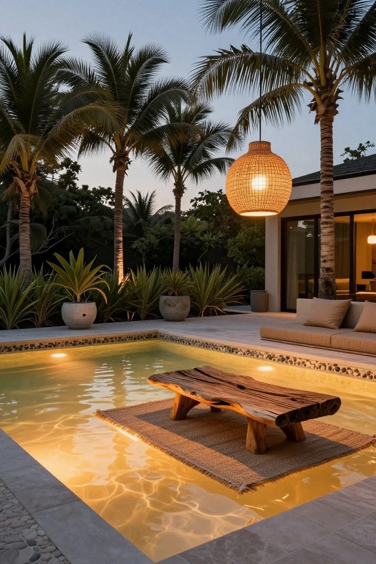 A rough wooden table on a seagrass rug floats in the shallow end of a rectangular pool with yellow underwater lighting, surrounded by potted plants, palm trees, a hanging rattan lantern, beige cushioned seating, and a modern house at dusk.