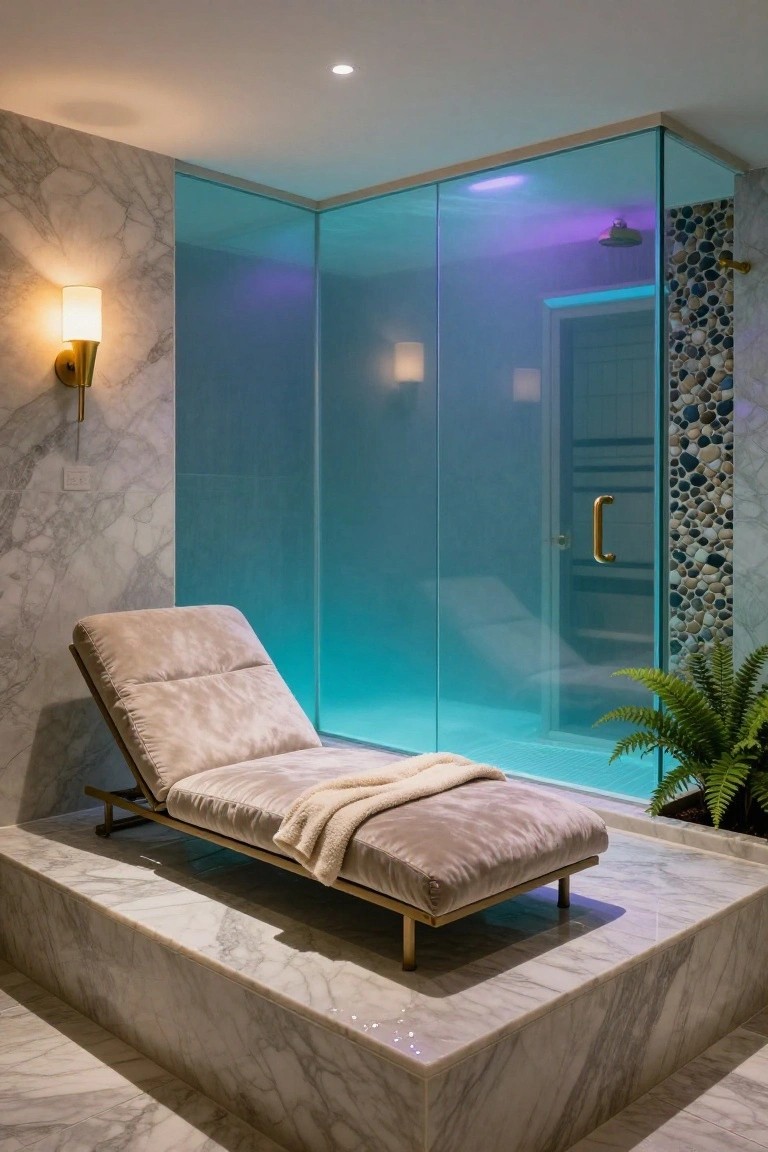 Luxury bathroom with beige velvet chaise lounge on marble platform beside glass shower enclosure lit by blue underwater glow, pebble mosaic wall accents, and wall lamp.