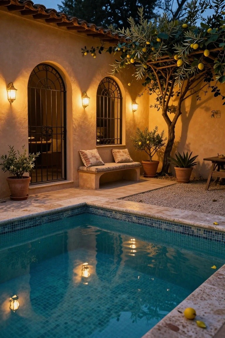 Small tiled pool at dusk with floating lanterns and reflections, adjacent adobe wall with arched iron-grated windows lit by wall sconces, bench seating, potted olive trees, and lemon tree overhead.