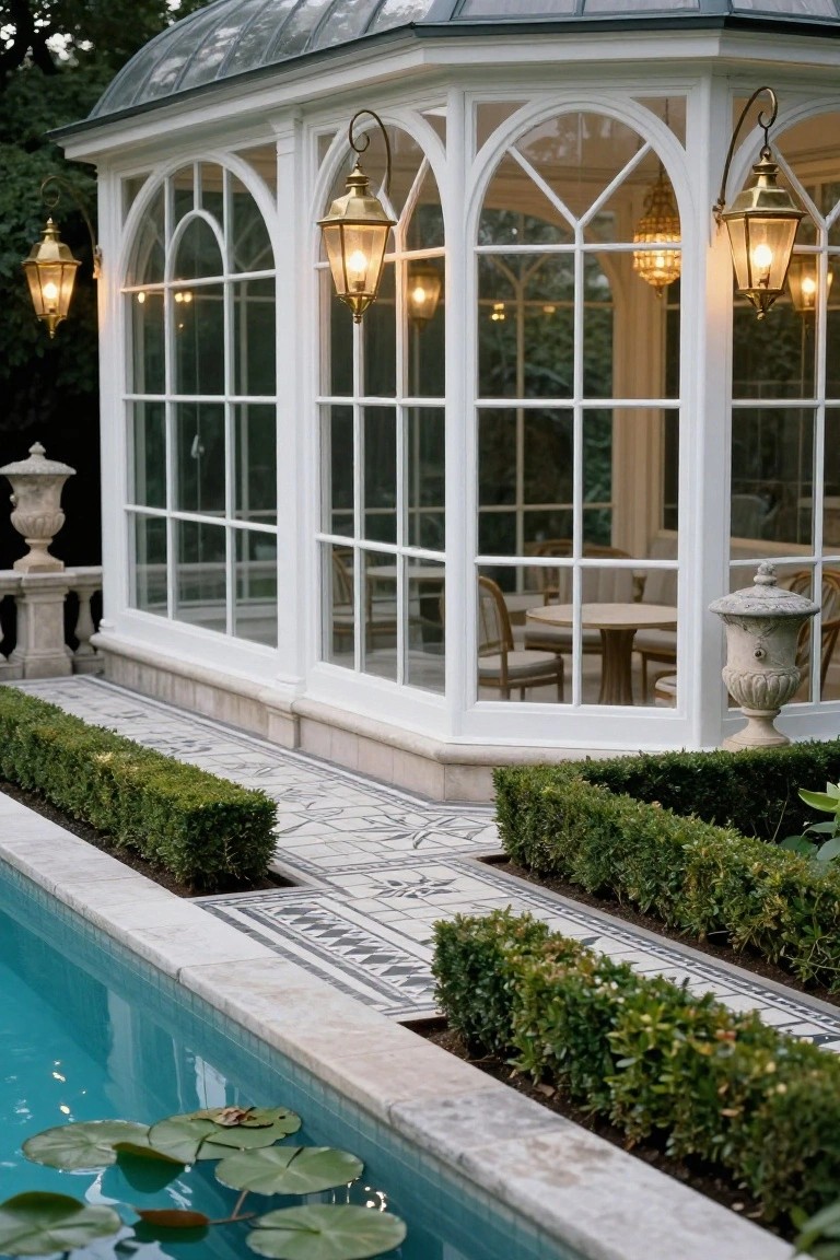 White glass pavilion with arched windows and hanging brass lanterns next to a turquoise pool with lily pads, boxwood hedges, and a tiled stone path.