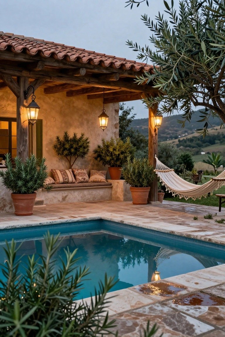 Wooden pergola with hanging lanterns over a stone pool patio featuring potted plants, cushioned bench seating, white hammock, small turquoise pool, and olive trees at dusk.