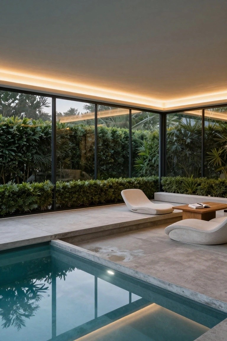 Modern indoor pool enclosure featuring a turquoise pool with linear LED strip lights along the ceiling coves and pool edge, cream curved lounge chairs on a concrete platform, large black-framed glass walls overlooking dense tropical greenery, and a wooden side table with a book.