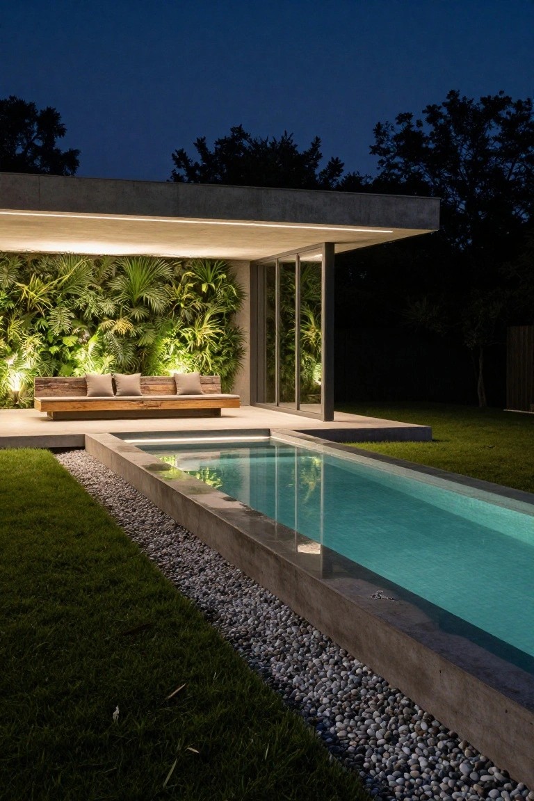 Nighttime photo of a modern infinity-edge pool with turquoise water, concrete surround embedded with linear LED lights, adjacent wooden bench with cushions, glass pavilion with vertical green wall, gravel border, and grass lawn.