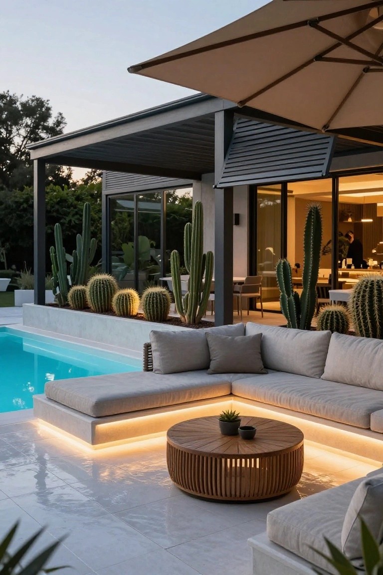 Outdoor pool area at dusk with low built-in beige L-shaped sofa illuminated by recessed LED strips underneath, round wooden coffee table with plant, potted cacti, beige umbrella, and glass-walled house in background.