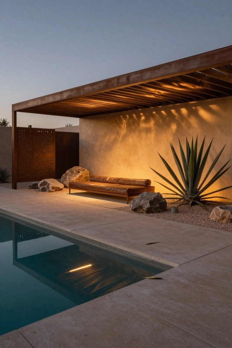 Outdoor poolside seating area at dusk under a slatted corten steel pergola with warm backlighting casting linear shadows on beige stucco walls, leather daybed bench flanked by boulders and agave plant, turquoise pool water at edge.