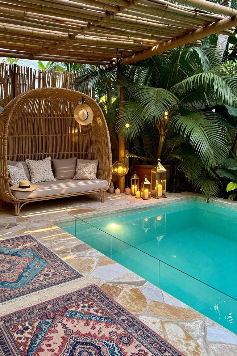 Woven rattan pod seat with neutral cushions, pillows, and straw hat next to a turquoise pool on stone tiles, surrounded by bamboo screen, potted plants, palms, patterned rugs, and multiple lit brass lanterns and candles.