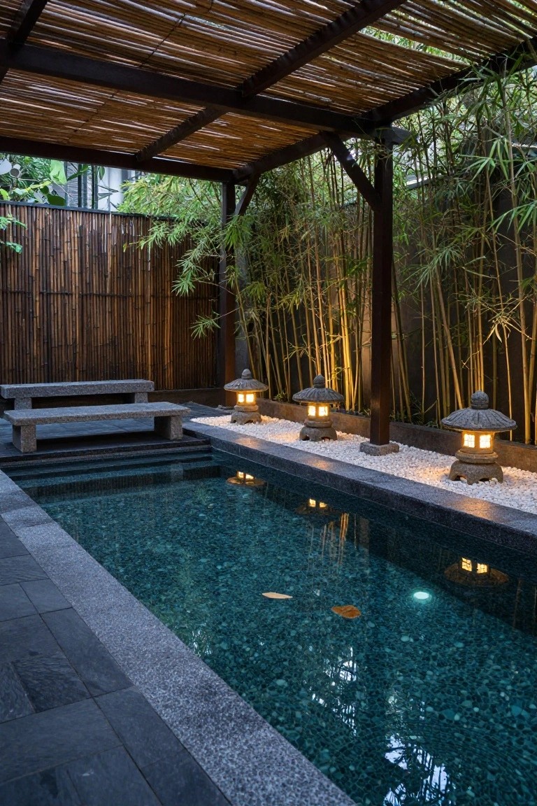 A rectangular pool in a bamboo-roofed enclosure surrounded by tall bamboo plants and screens, illuminated at night by four stone lanterns placed along the edge on white pebble ground cover, with a stone bench nearby.