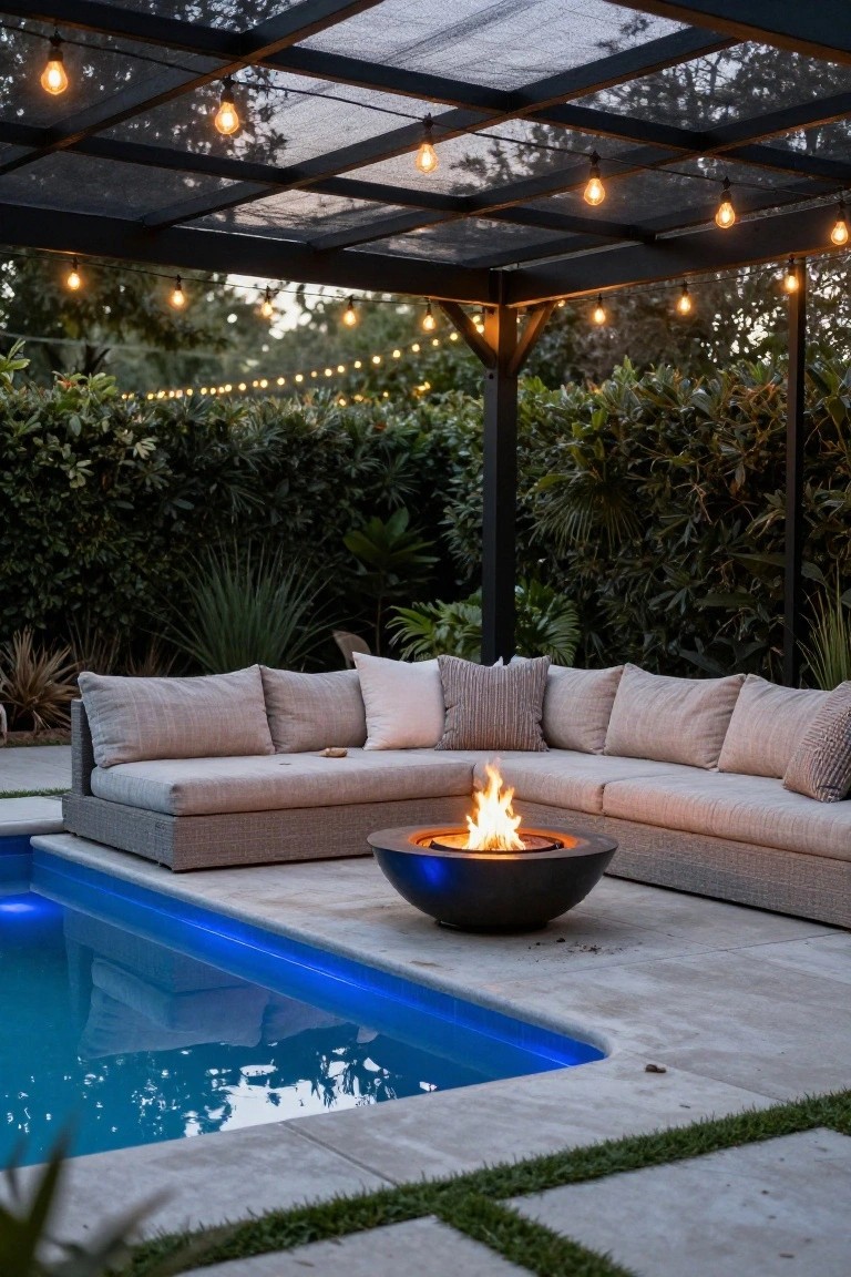 Outdoor seating area with beige L-shaped sofa, black round fire pit with flames, next to a blue-lit pool under a black metal pergola strung with warm bulb string lights, surrounded by hedges and plants at dusk.