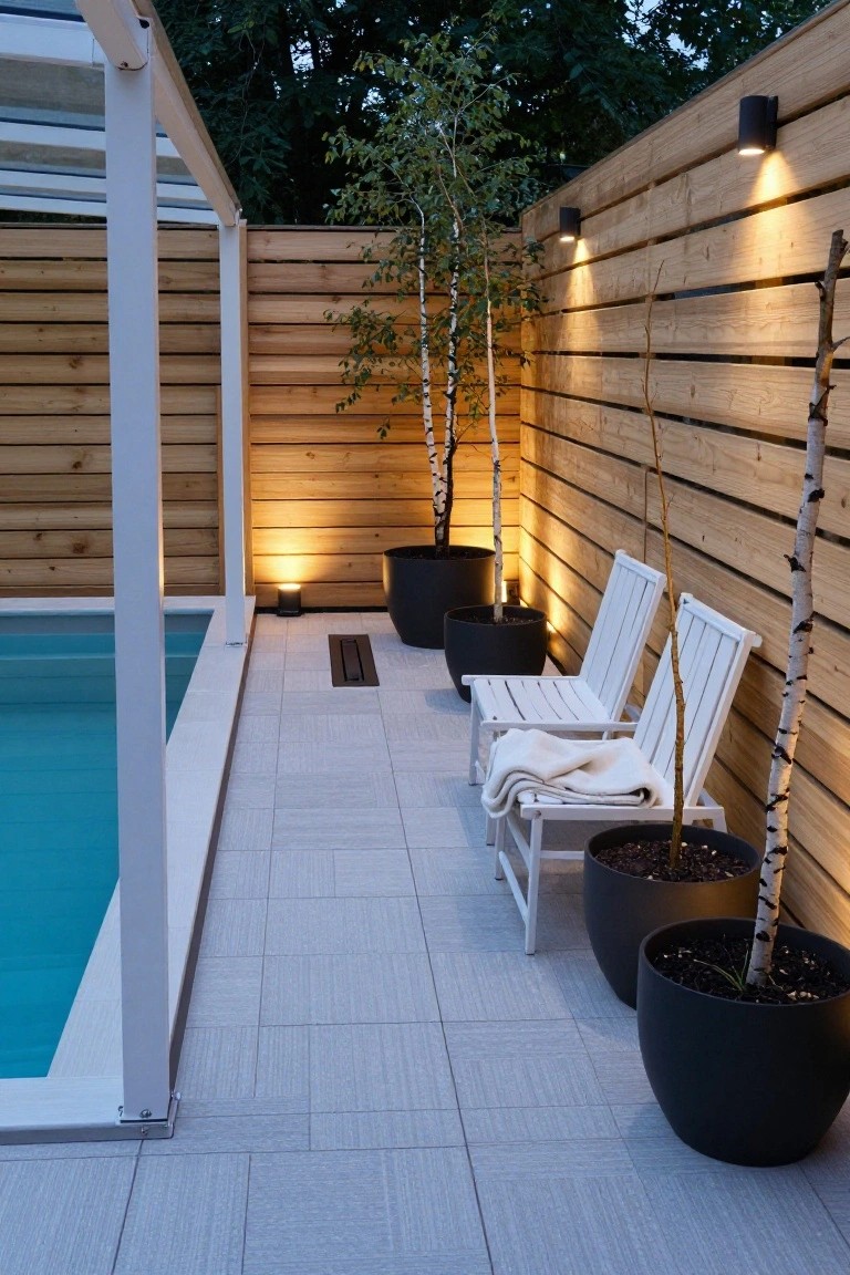 Evening poolside patio with turquoise pool, two white Adirondack chairs with a blanket on one, potted birch trees, black pots, tiled flooring, wooden fence with wall-mounted black sconces emitting uplight, and a glass-roofed structure nearby.