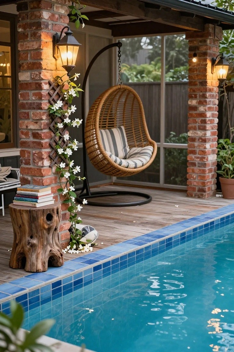 Covered wooden deck beside a blue-tiled pool at night, with brick pillars holding wall-mounted lantern lights, a woven hanging egg chair, climbing white flowers, and a tree stump table with books.