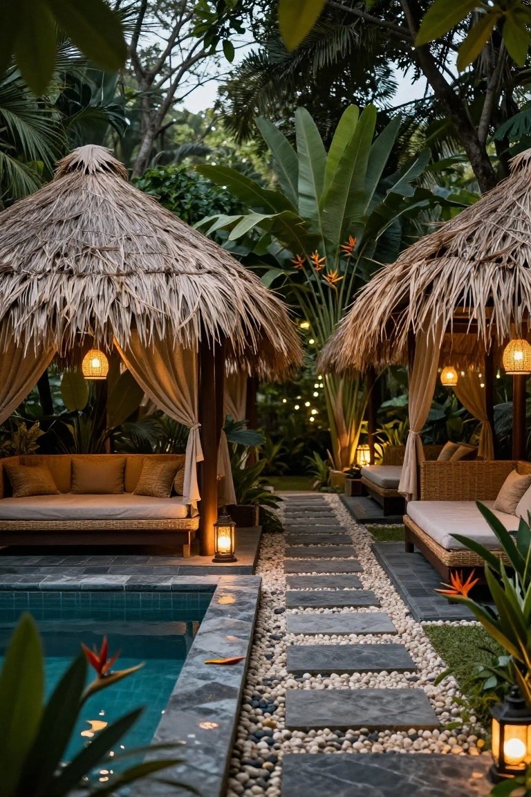 Two thatched-roof pavilions with beige curtains, cushioned daybeds, and hanging lanterns beside a turquoise pool edged in black stone, connected by a pebble path amid tropical plants and string lights.