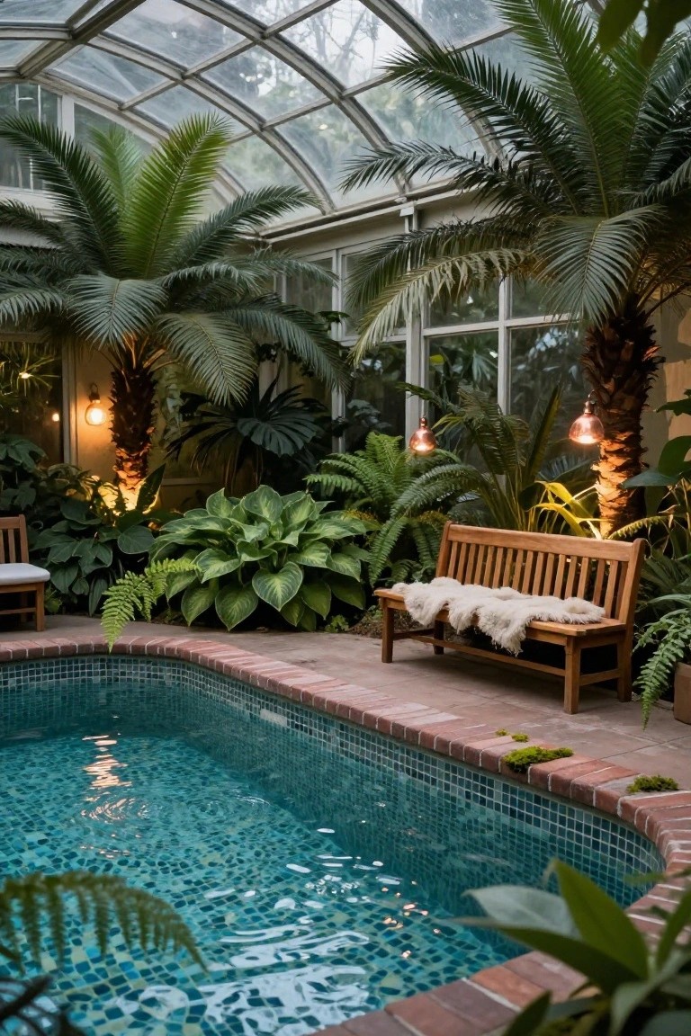Glass-enclosed pool area filled with tropical plants, turquoise mosaic-tiled pool, wooden bench with sheepskin throws, and warm brass pendant lights hanging from the ceiling and walls.