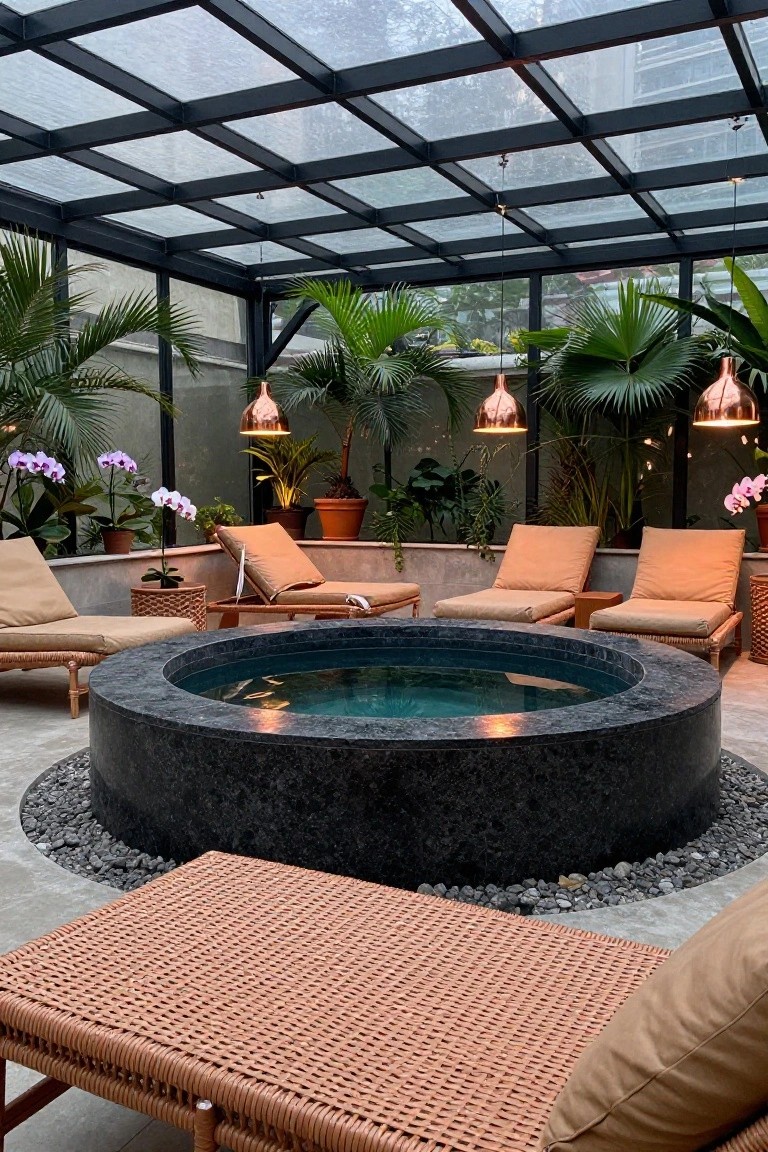 Glass-roofed enclosure around a circular black stone hot tub surrounded by rattan lounge chairs, potted palms and orchids, hanging copper pendant lights, and pebble flooring.