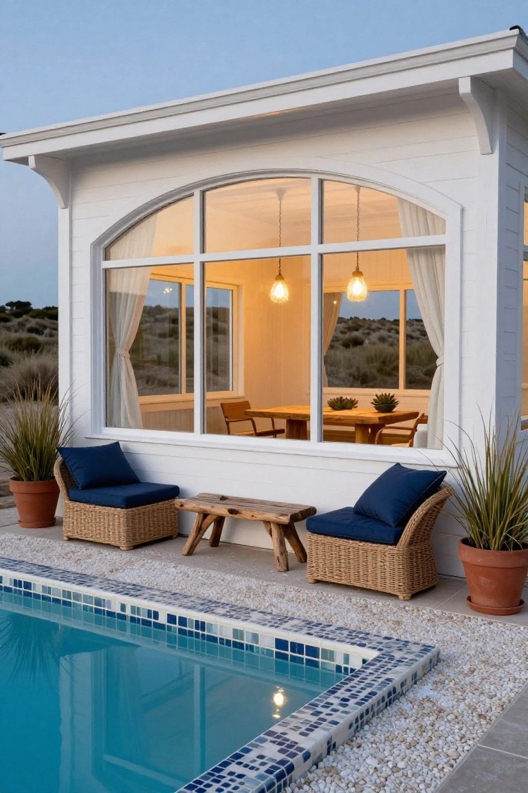 White poolside cabana with large arched windows lit by hanging pendant lights at dusk, next to a blue-tiled pool edged in mosaic tiles, wicker chairs, a wooden bench, and potted grasses on a pebble patio.