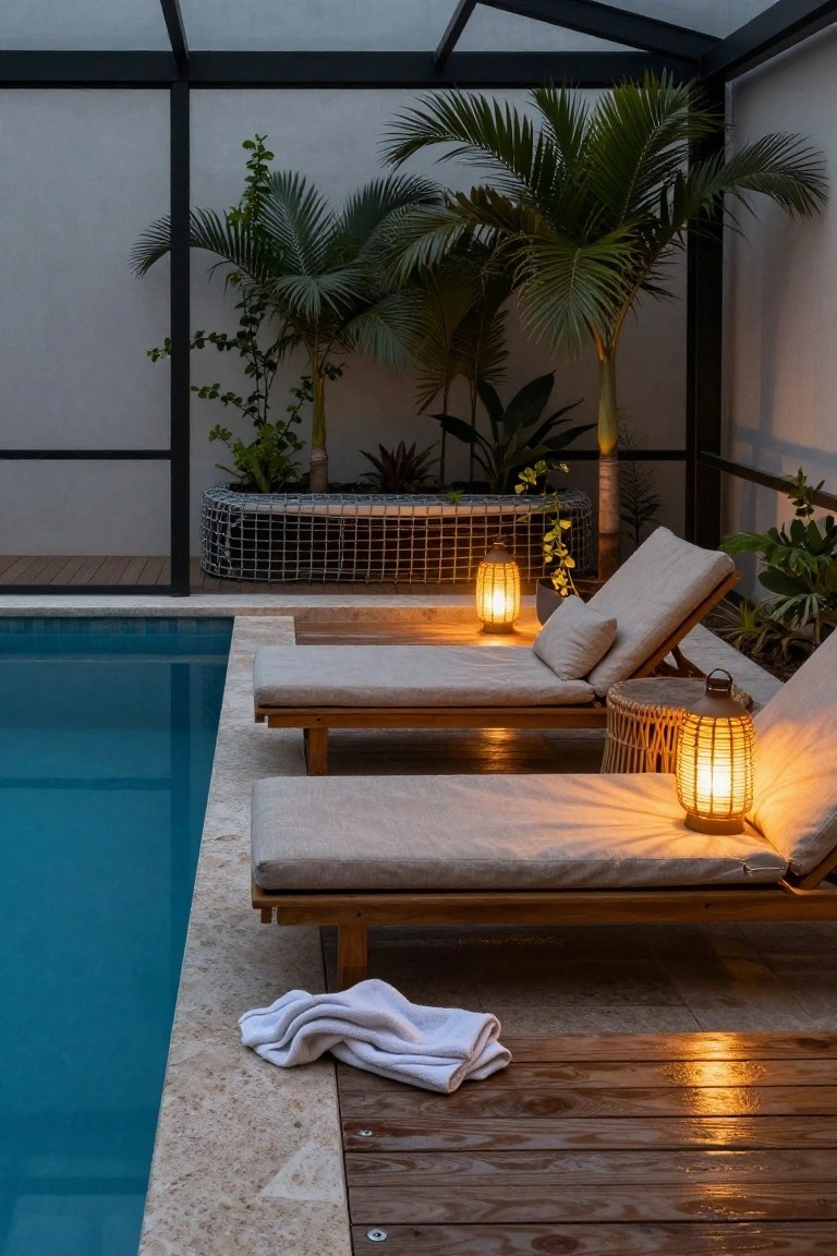 A nighttime view of a pool enclosure featuring a wooden deck beside a blue pool, two beige loungers with pillows, rattan lanterns on side tables, potted plants, palms, and a white towel on the deck.