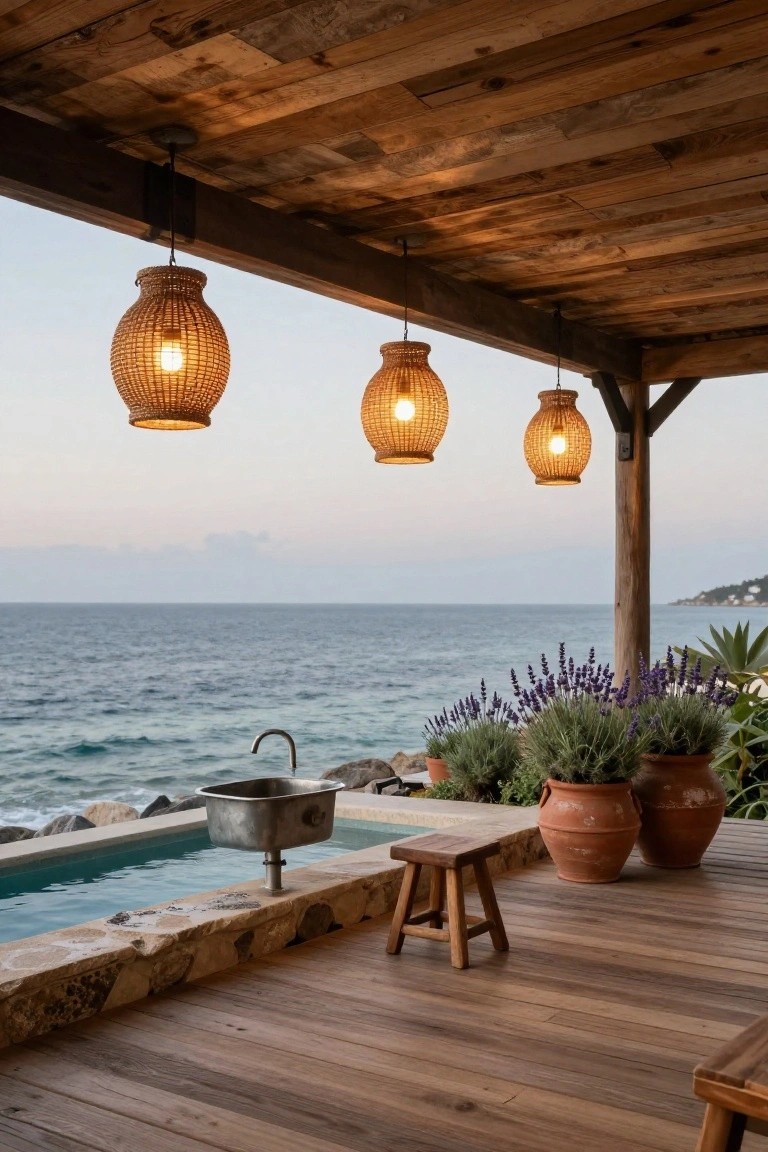 Wooden pergola structure with three hanging rattan lanterns over a turquoise pool with stone edging, wooden deck, potted plants in terracotta pots, and ocean view at dusk.
