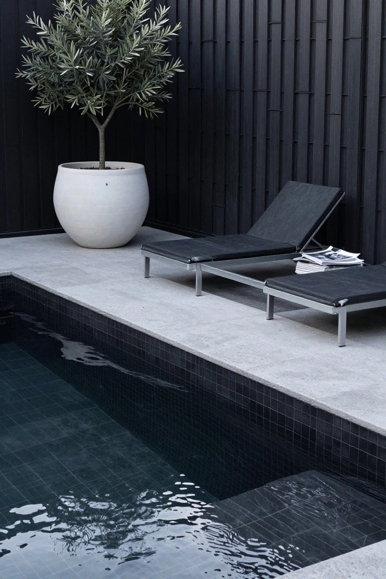 Narrow backyard pool with black mosaic tiles and ripples on the water surface, two black adjustable sun loungers on a light gray concrete deck at the edge, large white round pot with olive tree nearby, and tall black slatted fence in background.