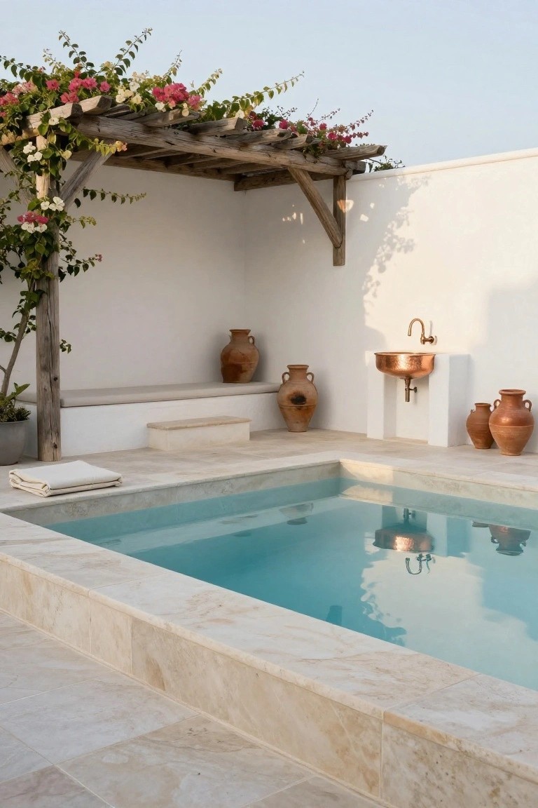 Small turquoise plunge pool in a corner with beige stone edging, wooden pergola overhead covered in pink bougainvillea vines, white walls, copper sink on white pedestal, terracotta pots, bench seat, and folded towel nearby.
