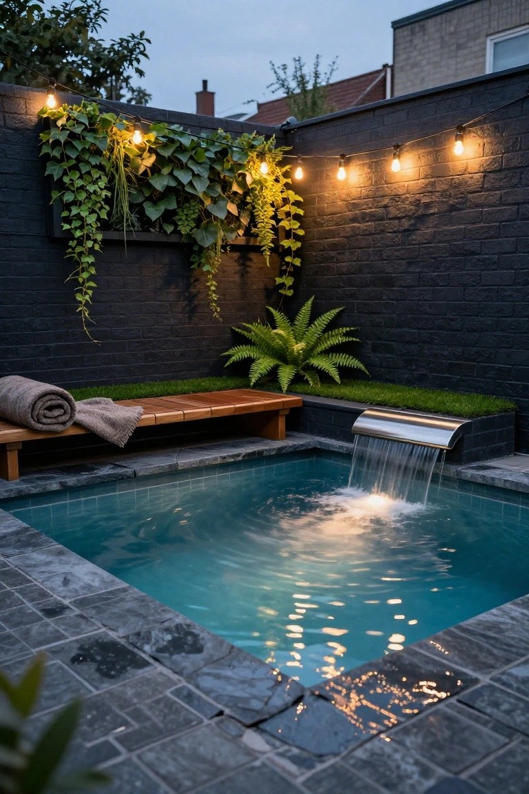 Small turquoise rectangular pool in a dark brick walled backyard enclosure with a curved stainless steel waterfall cascading into the water, wooden bench with gray towel, artificial grass edge, ferns, ivy on walls, and string lights overhead.