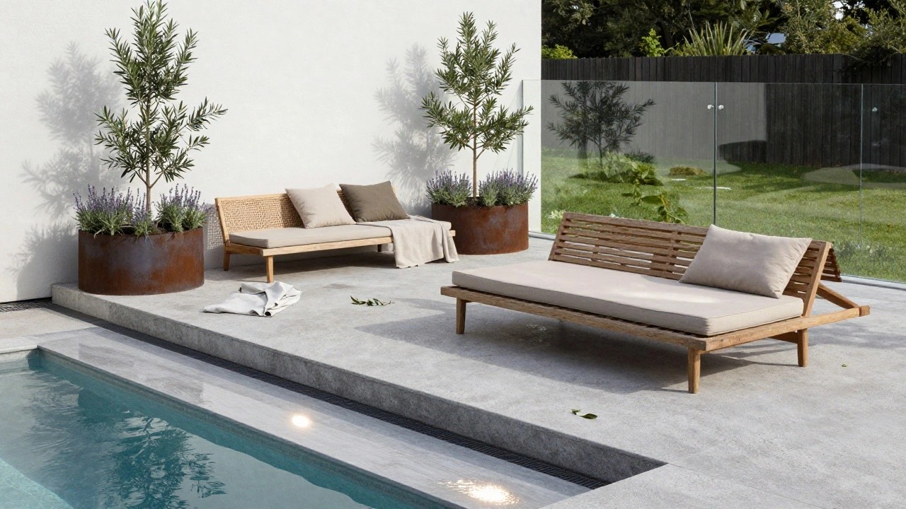 Minimalist backyard pool with built-in wooden slatted benches along the edge topped with white cushions and a towel, flanked by large olive trees in rusted metal pots and lavender plants near a white wall, glass pool fence, and concrete paving.