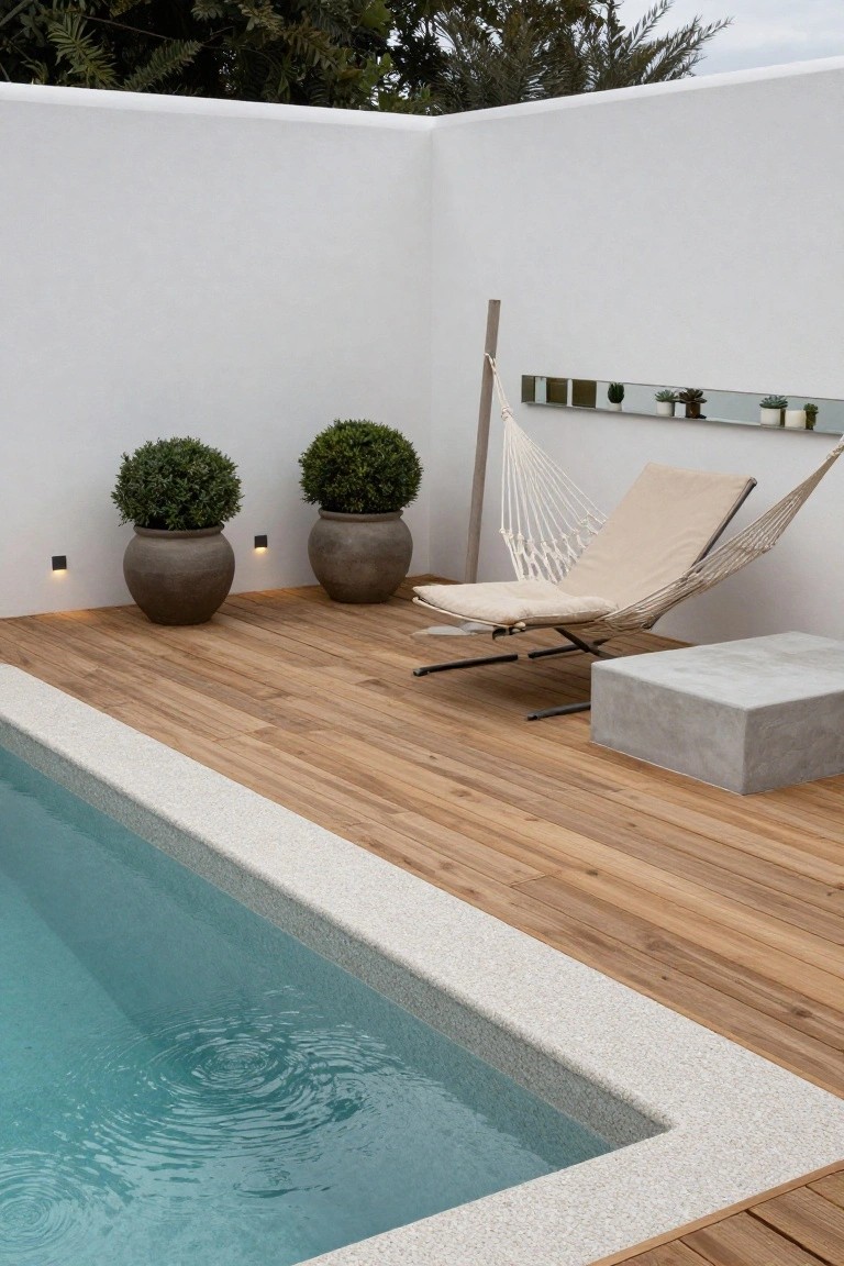 White corner wall with wooden deck around a turquoise pool, suspended beige hammock chair, two large potted boxwood shrubs, concrete stool, pole support, and small potted succulents on a narrow mirrored shelf.
