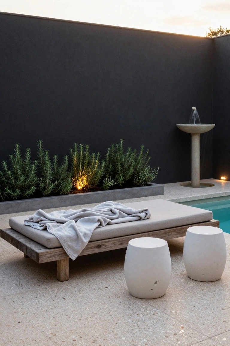 Low wooden daybed with beige cushions and white throw beside an in-ground pool, two white drum stools next to it on terrazzo paving, rosemary plants in concrete bed against black wall, stone fountain, and evening light.