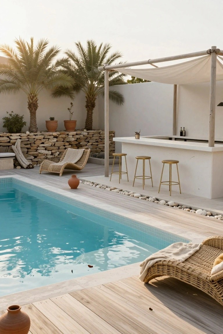 Backyard pool area with turquoise water, white bar counter and three gold stools under a wooden pergola with white fabric shade, palm trees, stone wall, and wooden decking.
