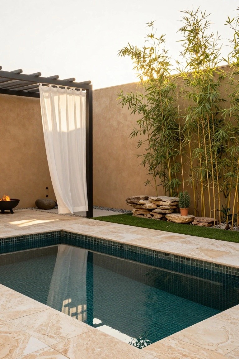 Small corner pool with turquoise tile and travertine surround, shaded by black pergola with hanging white sheer curtains, next to round black fire bowl, rocks, grass, and tall bamboo against beige wall.