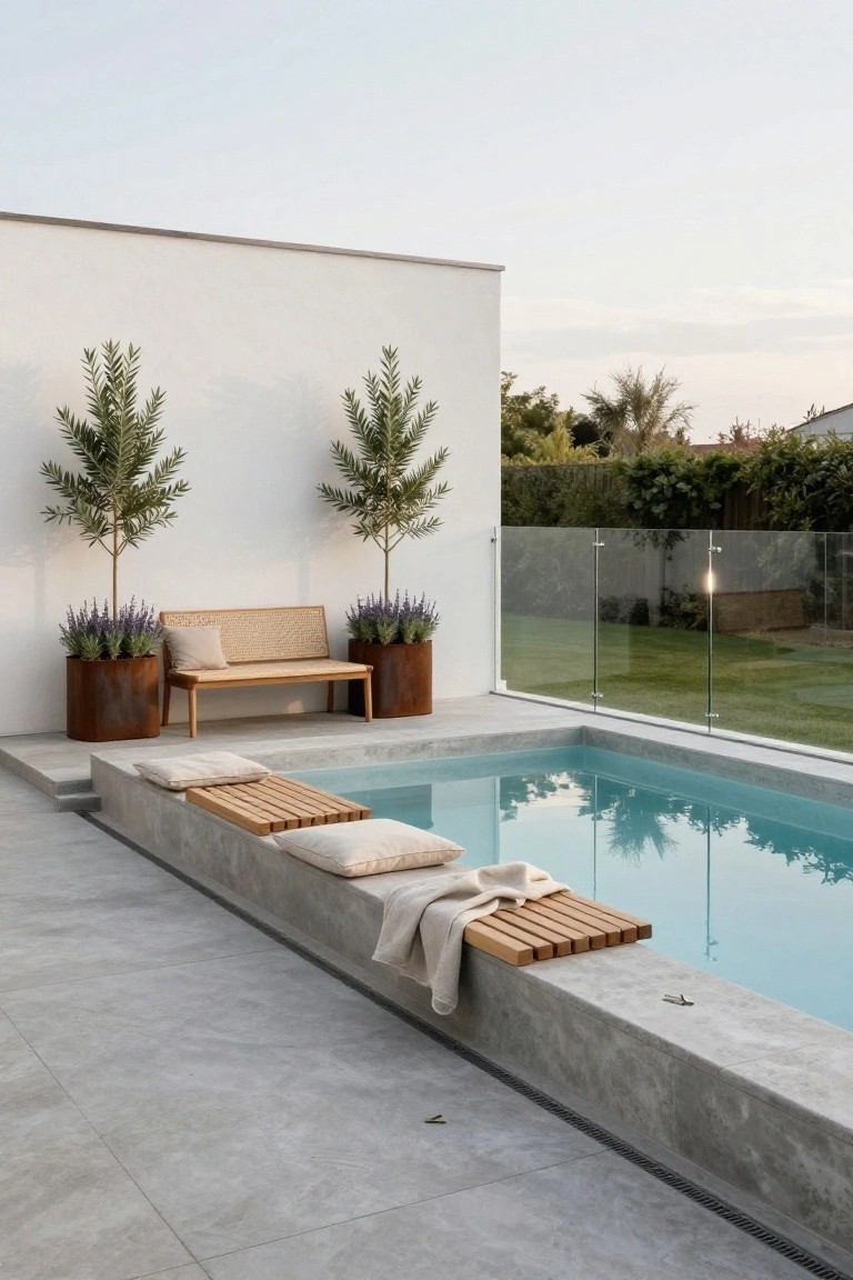 Minimalist backyard pool with built-in wooden slatted benches along the edge topped with white cushions and a towel, flanked by large olive trees in rusted metal pots and lavender plants near a white wall, glass pool fence, and concrete paving.