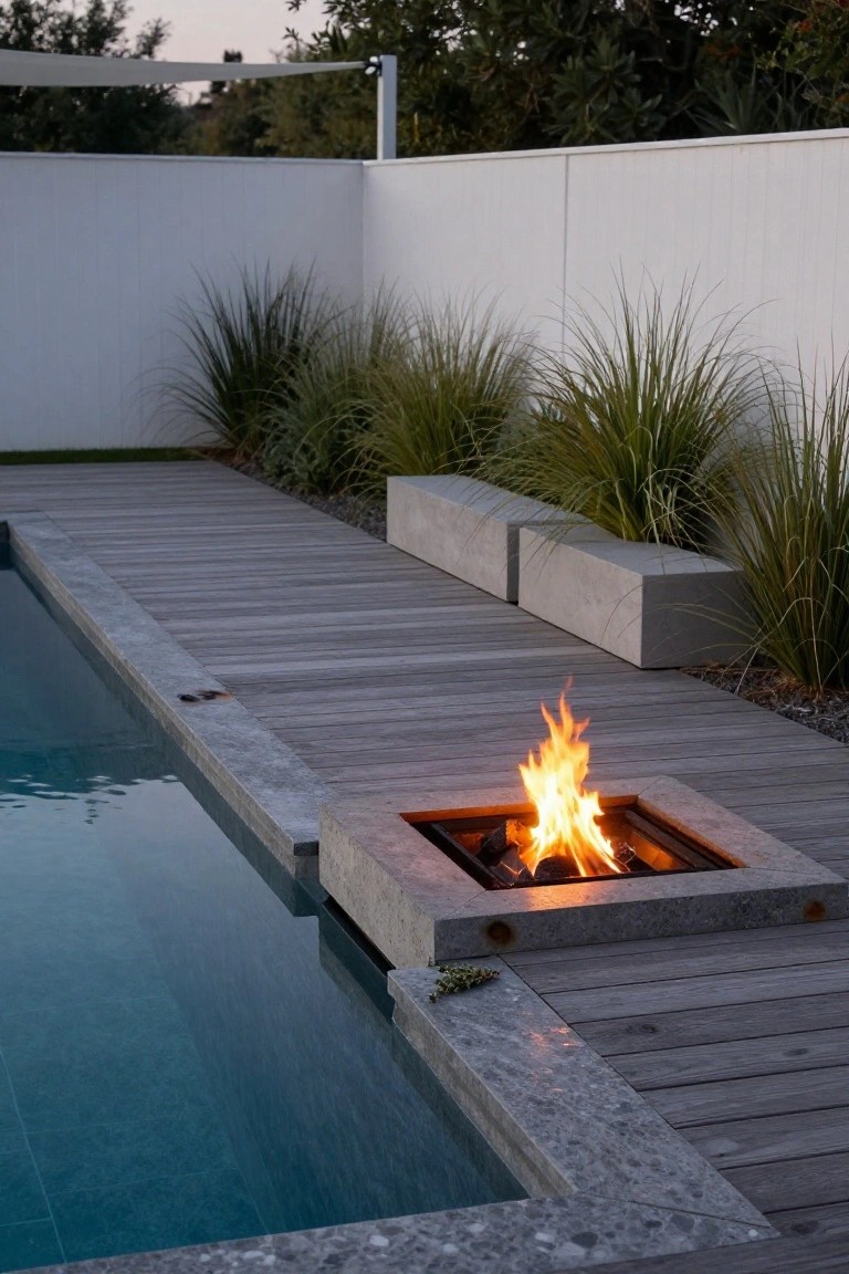 Square built-in concrete fire pit with yellow-orange flames on wooden deck edge adjacent to rectangular blue pool, flanked by concrete benches and tall grasses against white fence.