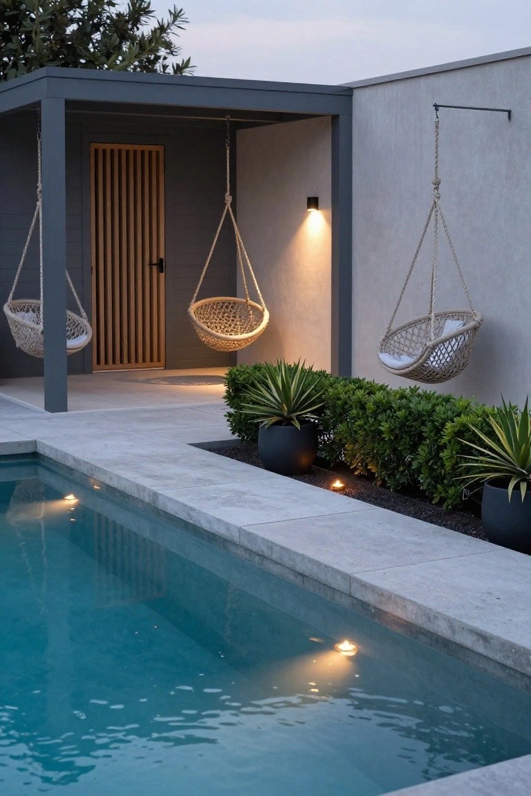 Gray pergola structure with wooden slat door next to a lit infinity-edge pool, two hanging woven chairs with white cushions suspended from ropes, potted plants including agaves and boxwoods along the edge at dusk.