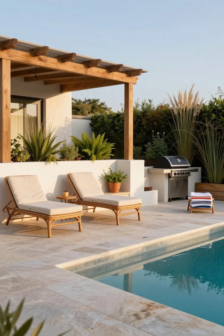 Two beige cushioned rattan loungers with a small side table under a wooden pergola on a light stone patio next to a turquoise pool, with a barbecue grill, plants, and stacked towels nearby.
