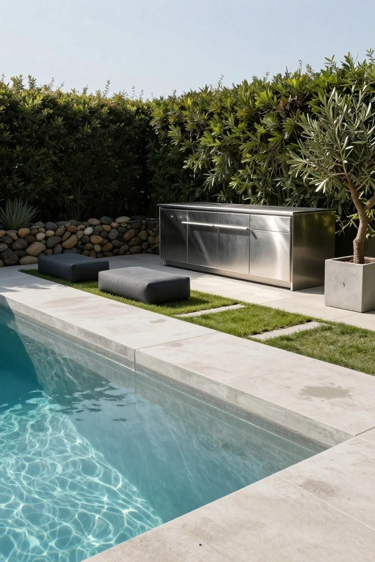 Stainless steel cabinet unit positioned along the edge of a turquoise swimming pool, with two gray poufs on a concrete deck nearby, green hedges and plants in the background.