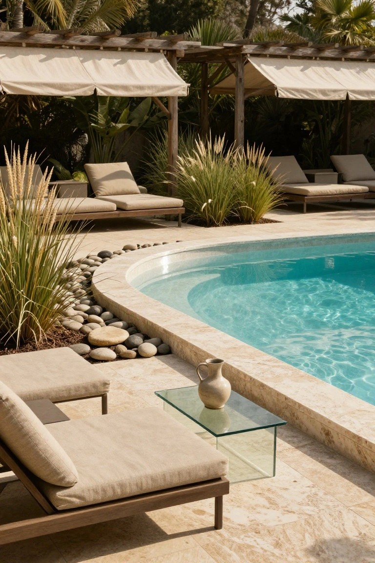 Curved pool with smooth turquoise water bordered by rounded black pebbles on beige travertine decking, next to a wooden lounger with beige cushions, a glass table with ceramic vase, pampas grass plants, and distant palm trees under beige shade structures.