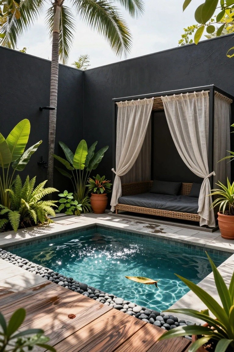 Small turquoise pool in a corner backyard with black stucco walls, tropical plants like banana leaves and ferns, pebble edging, wooden deck, outdoor shower, and black pergola with sheer curtains over a rattan daybed.