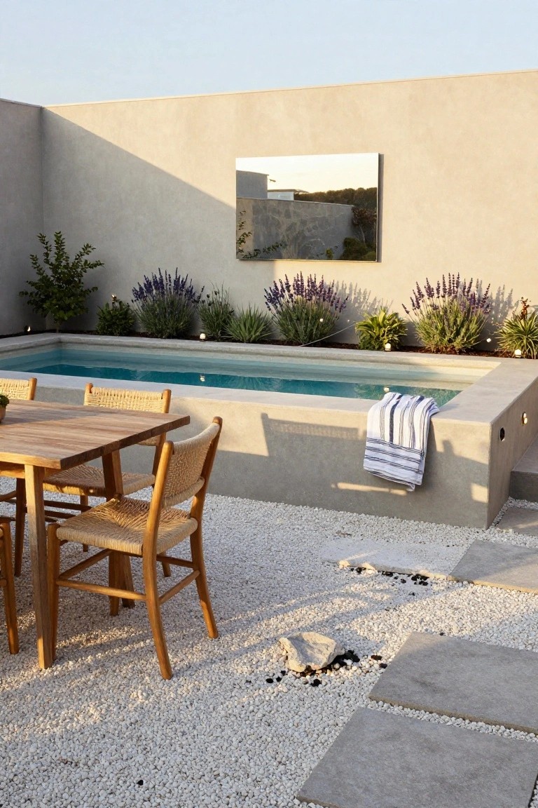A small turquoise rectangular plunge pool built into a concrete terrace surrounded by beige stucco walls, with a wooden dining table and four woven chairs on white pebble ground, lavender plants along the edge, and a striped towel draped over the pool side.