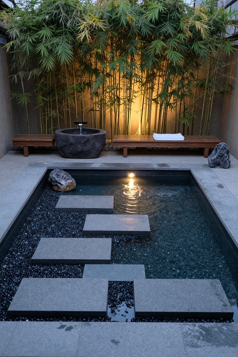 A small rectangular pool with gray stone slabs stepping across the water surface, surrounded by black pebbles and rocks, a wooden bench beside a black stone basin fountain, and tall bamboo plants against a wall.