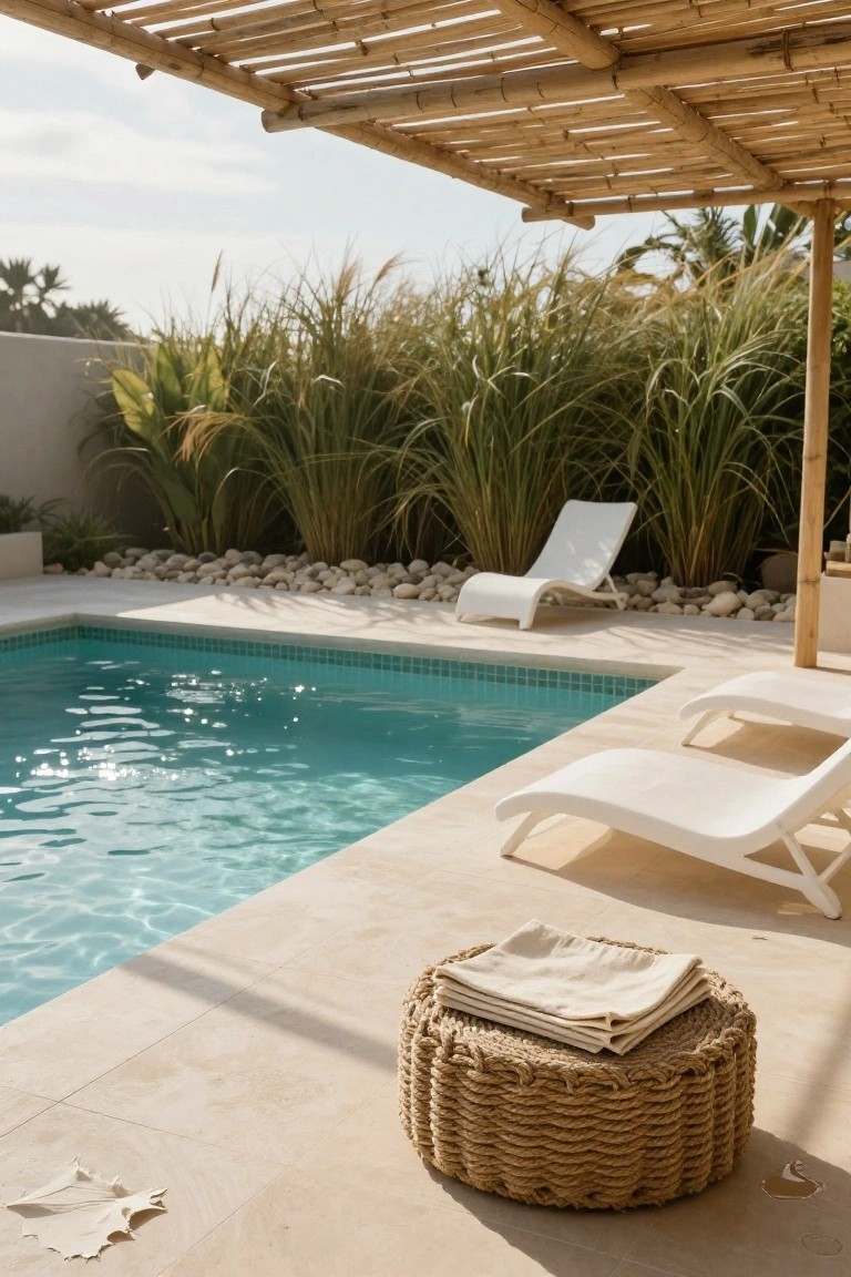 Small turquoise-tiled pool on a beige stone deck with two white chaise lounges, one flipped up, tall green grasses along the edge, bamboo pergola overhead, pebbles, and a woven stool stacked with folded white towels.