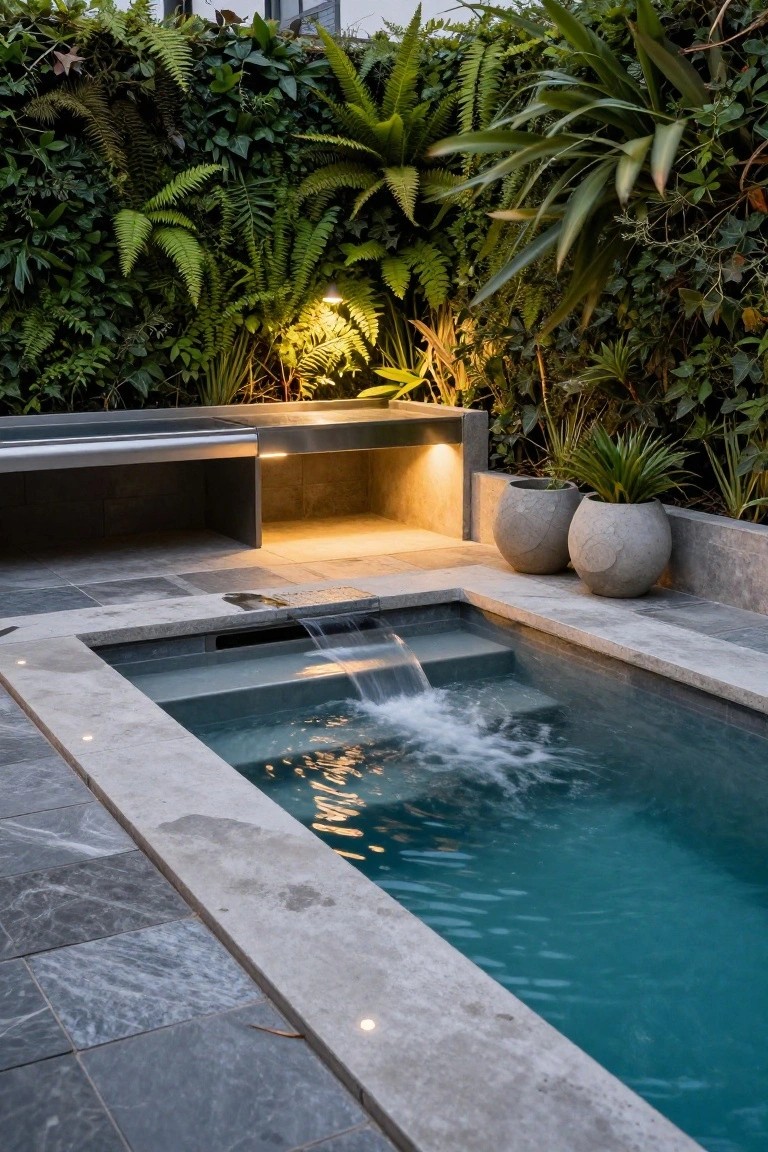 Small rectangular semi-inground pool with turquoise water and waterfall spilling from a stainless steel bench above, surrounded by vertical green plant walls, stone pots, and gray tiled patio.