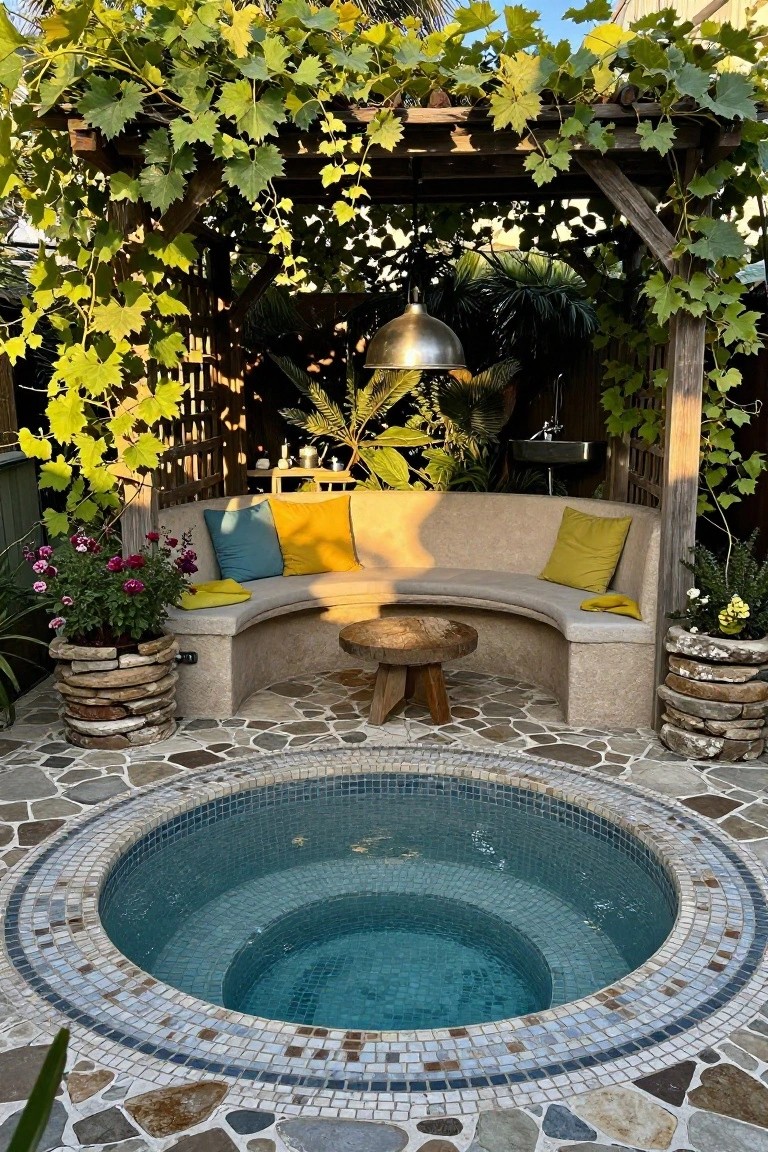 Round semi-inground pool with blue mosaic tiles and white pebble surround, adjacent curved beige bench with teal and yellow cushions, central wood table, stone planters, vine-covered wooden pergola, and outdoor sink in a backyard patio.