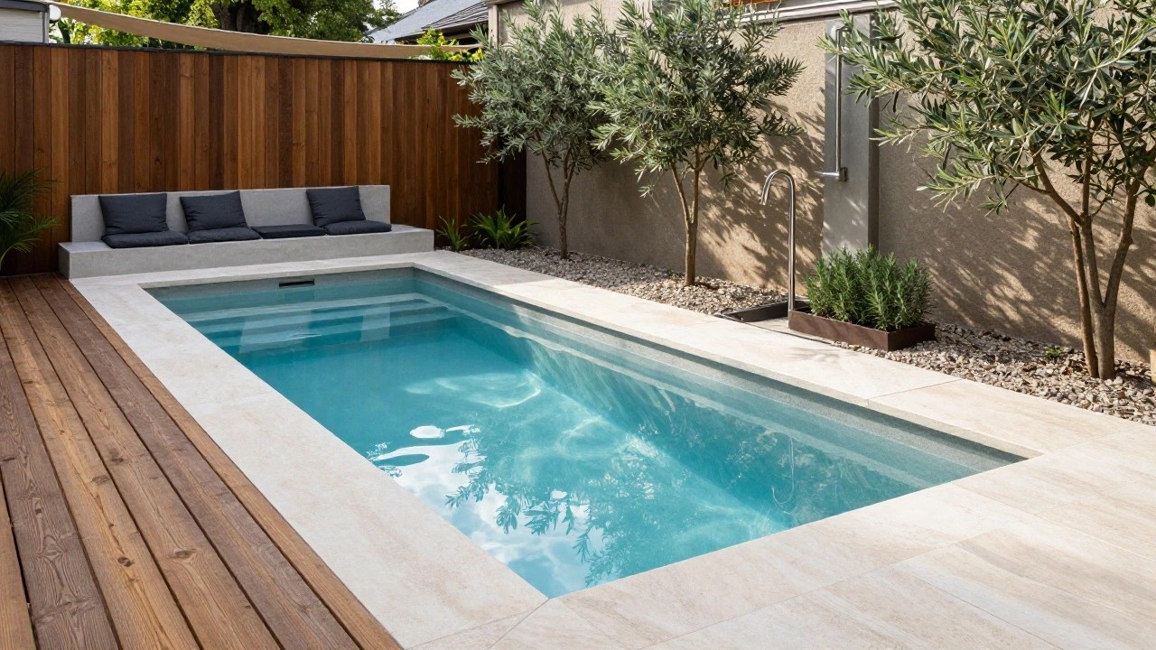 Small semi-inground pool beside a wooden outdoor shower enclosure with a rain showerhead, bench seat on a stone base, plants, and adjacent wooden deck in a backyard.