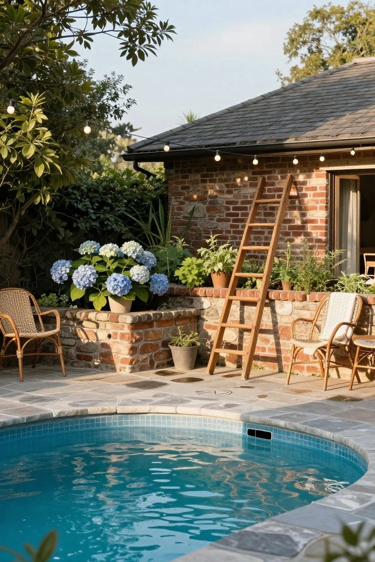 Small round semi-inground pool with blue mosaic tiles edged by stone patio, brick wall with leaning wooden ladder, large hydrangea plants in pots, potted herbs, wicker chairs, and string lights along a backyard house exterior.
