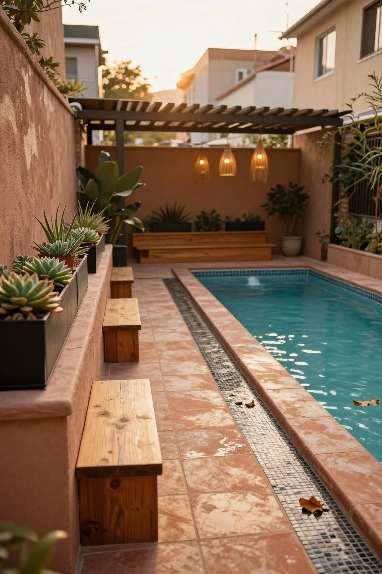 Narrow turquoise semi-inground pool running along a terracotta-tiled wall with parallel wooden benches, black planters of succulents, and a pergola overhead in a courtyard setting.
